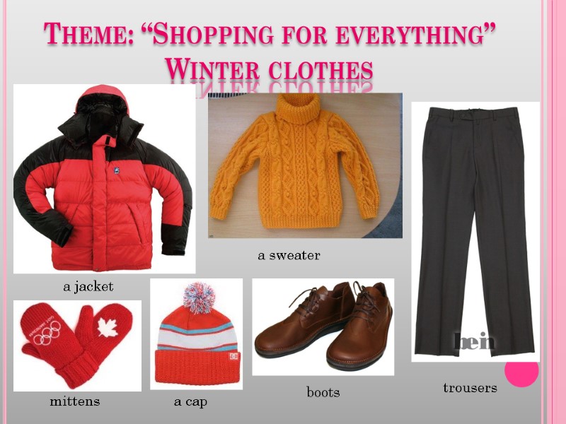 Theme: “Shopping for everything” Winter clothes  a jacket a cap a sweater trousers